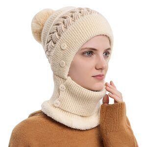 6443 Scarf Hats Set For Women,winter Warmer Beanie Hats One-piece Fleece Lined